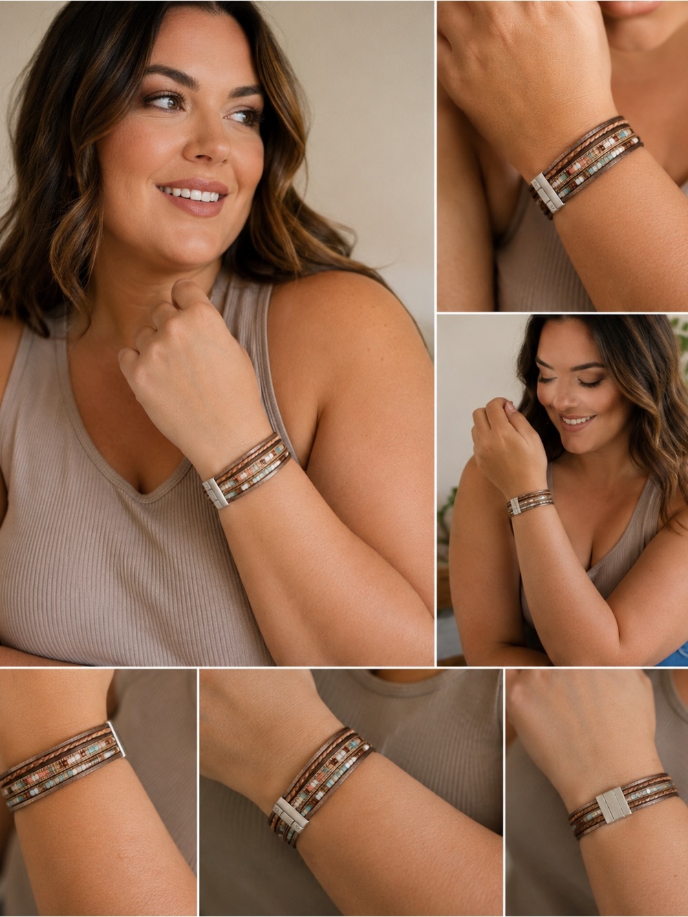Multi-Strand Beaded Magnetic Wrap Bracelet - Brown & Cream Accents